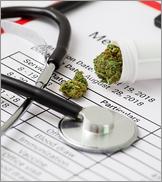 Medical Marijuana Close Up Cannabis Buds With Doctors Prescription For Weed. Medicinal Pot With Stethoscope