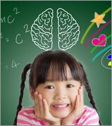 asian child rest her chin on her hands and the picture of brain on the blackboard with calculation on the left and art on the right